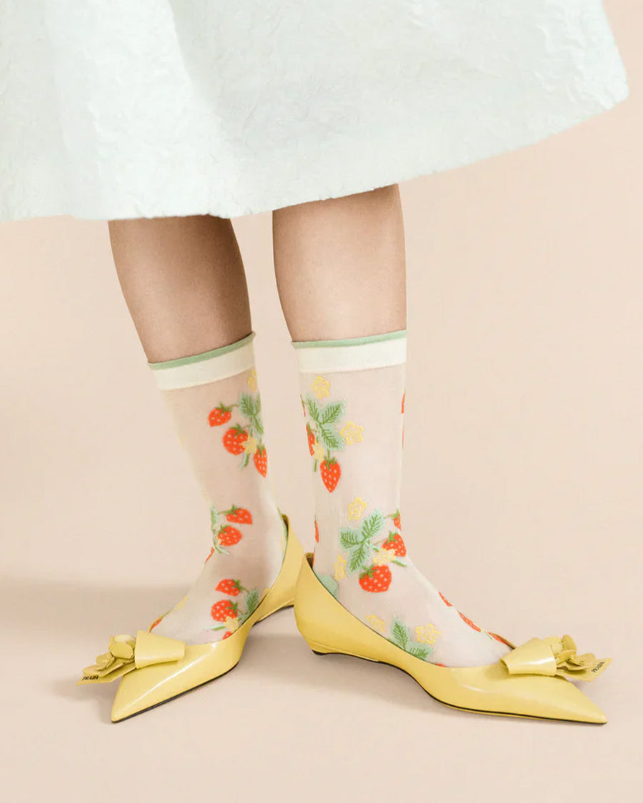 white sheer socks with all over wild strawberry print