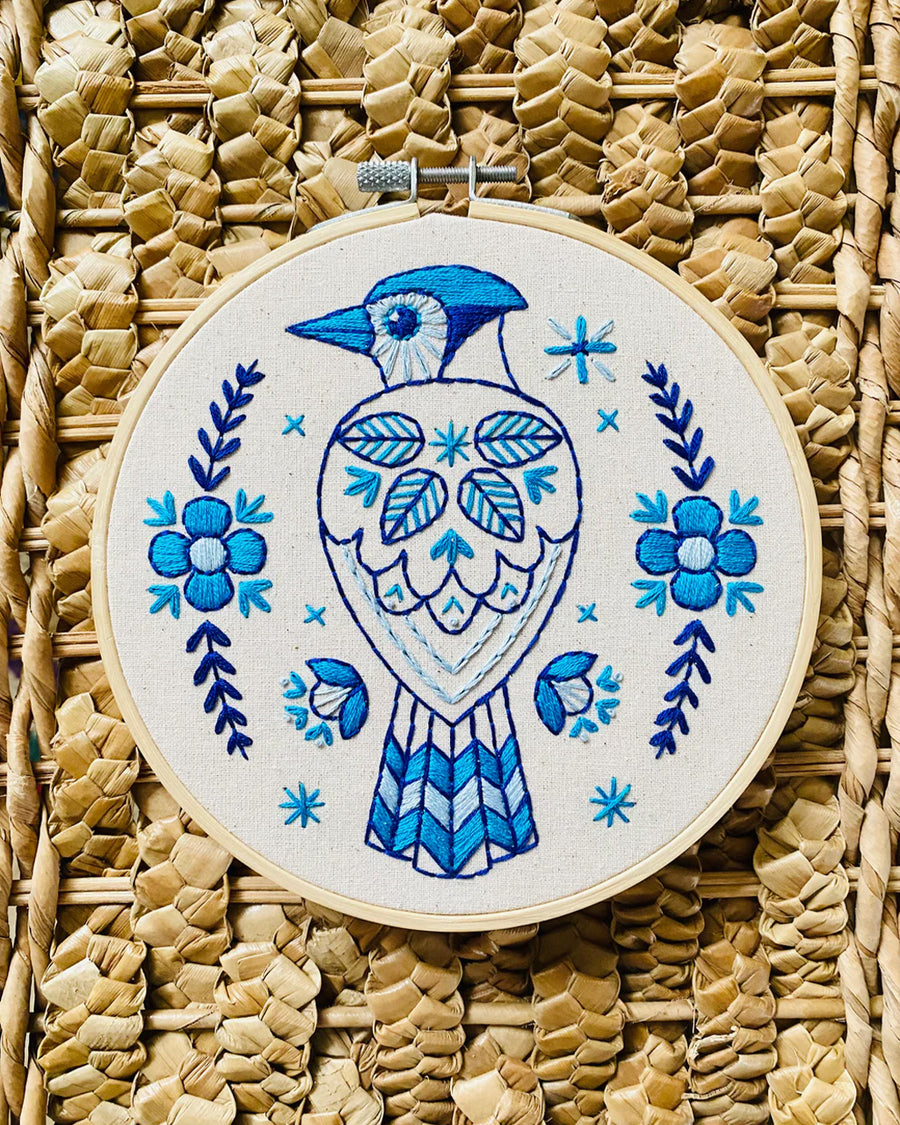 blue folk blue jay embroidery kit