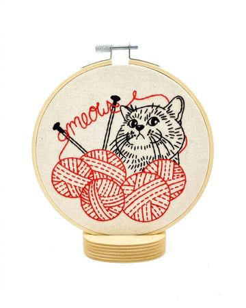 red and black cat and knitting yarn embroidery kit