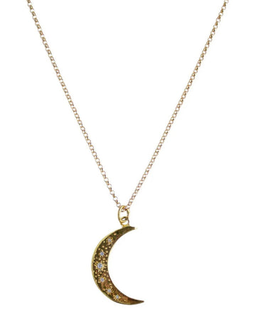 gold crescent moon shaped necklace with crystals inside