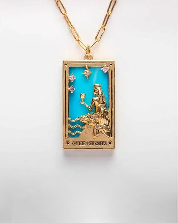 blue queen of cups tarot card gold necklace