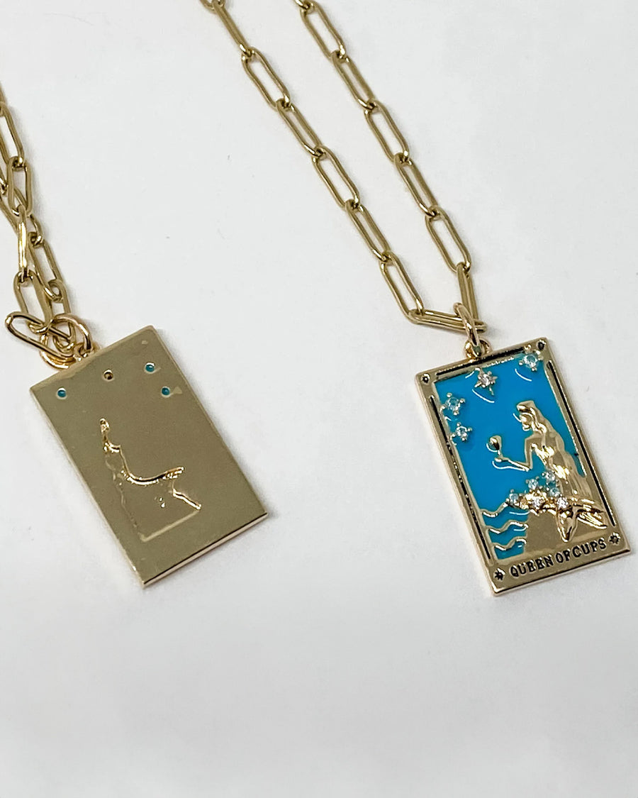 front and back of blue queen of cups tarot card gold necklace