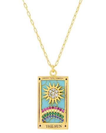 gold sun tarot card necklace with colorful crystals 