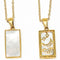 front and back view of gold 'the moon' tarot card necklace