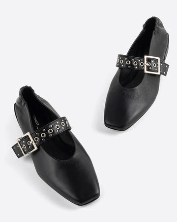 black mary jane flats with elastic back and thick buckle strap with silver grommets and buckle