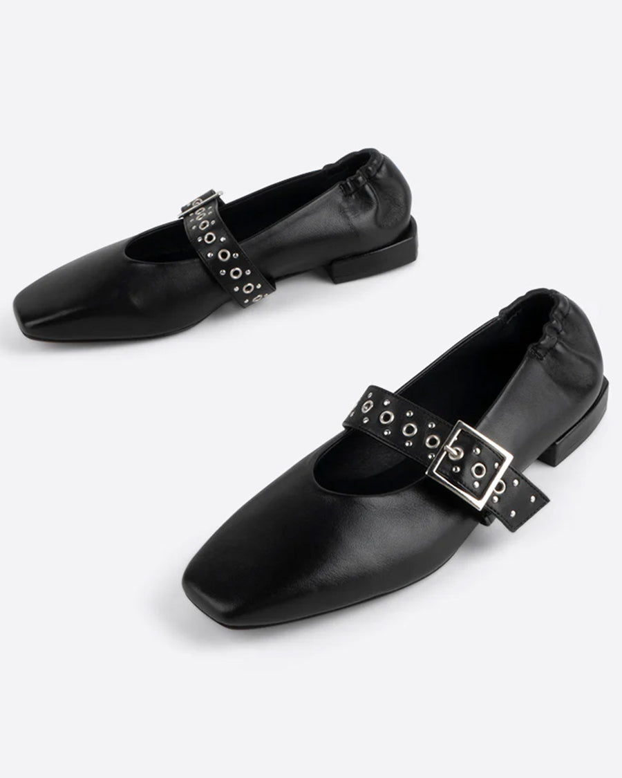 black mary jane flats with elastic back and thick buckle strap with silver grommets and buckle