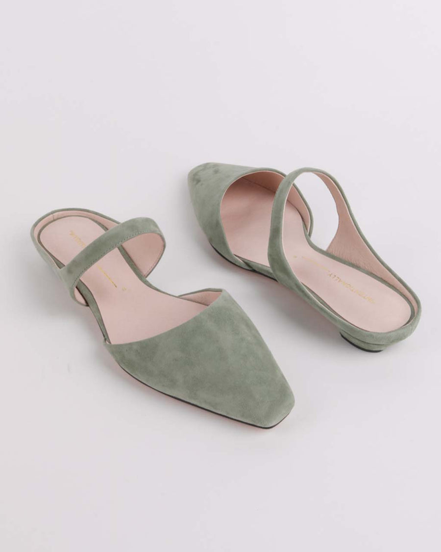 sage suede kitten heel mule with strap and open back