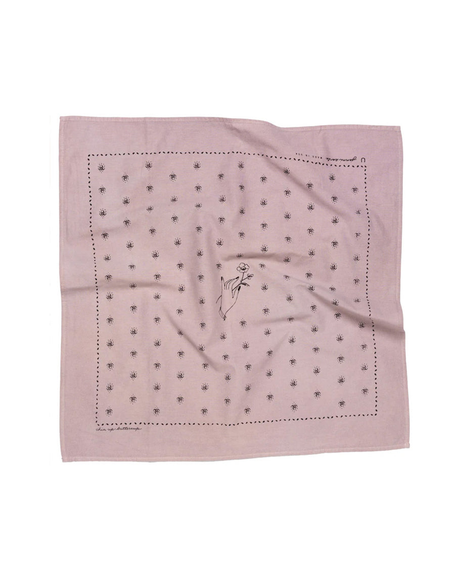 mauve square bandana with dainty hand holding a flower and all over dainty print