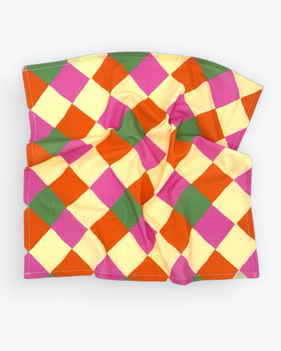 scrunched pink, orange, yellow and green diamond tea towel