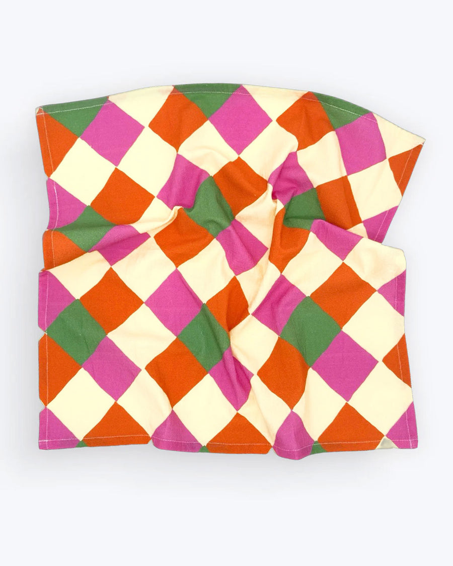 crumbled pink, orange, yellow and green diamond tea towel