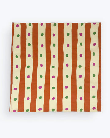 pale yellow and orange striped tea towel with green and pink dots