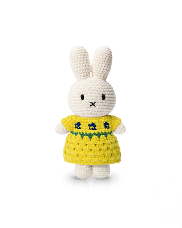 crochet miffy plush with yellow dress with blue irises