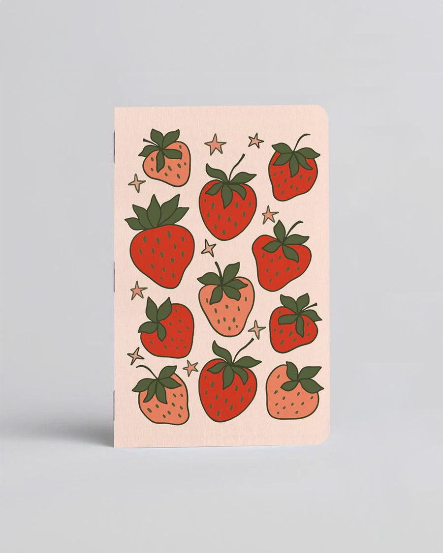 light pink pocket notebook with strawberry and star print