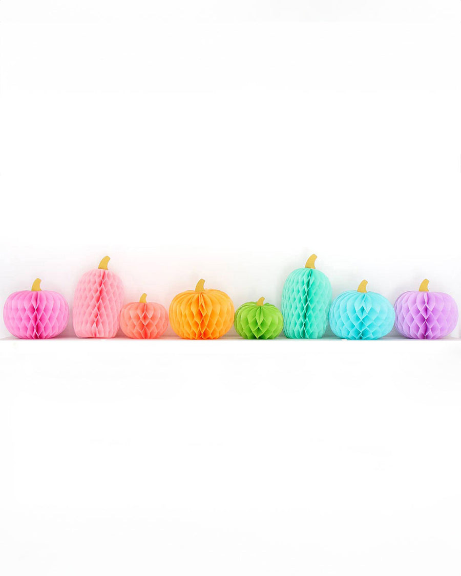 8 multicolor honeycomb paper pumpkins in various sizes