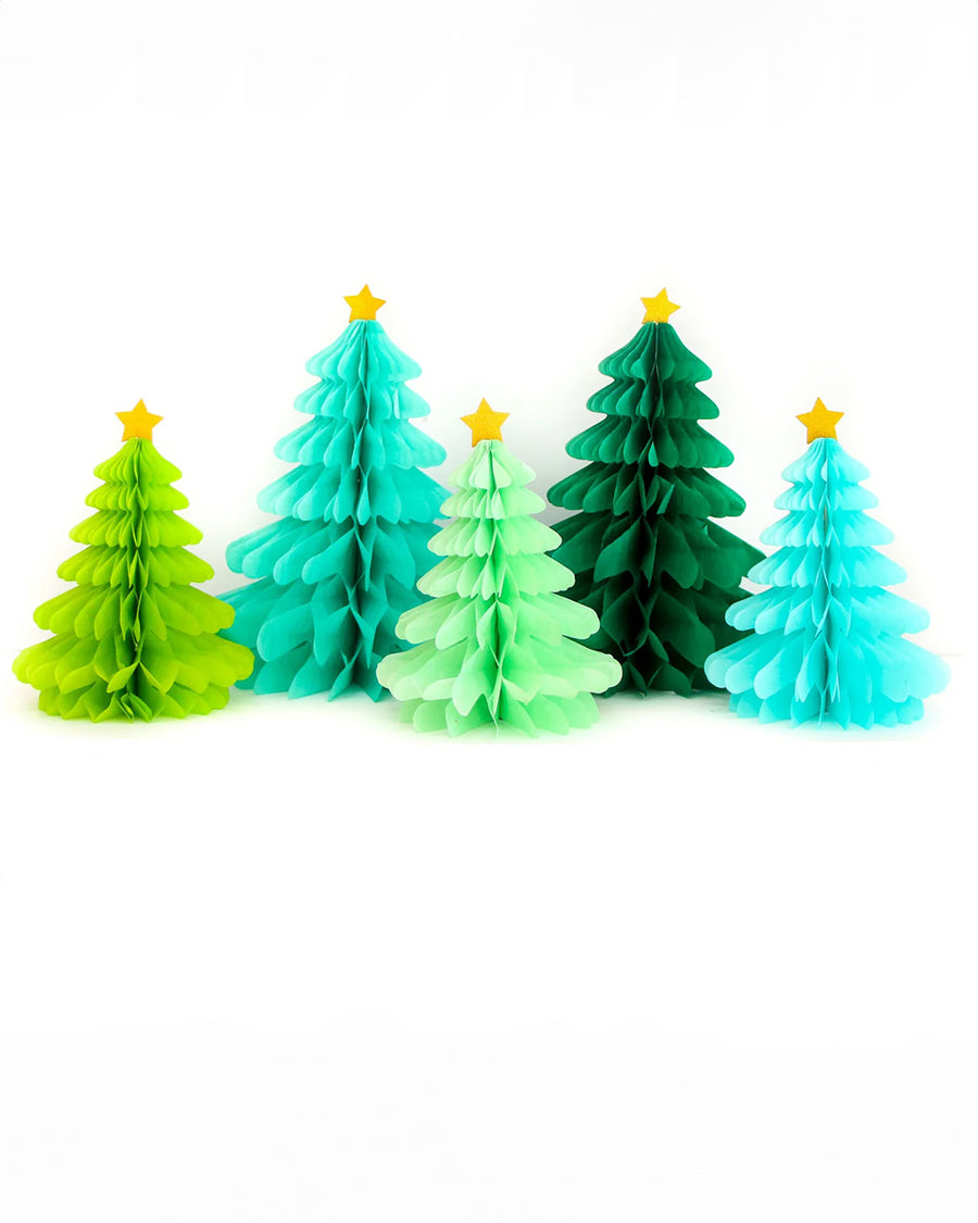 set of 5: 3 small and 2 large honeycomb trees in various shades of blue and green with gold glitter star