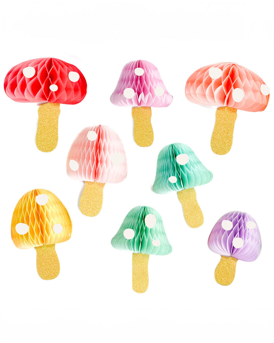 set of 8 various color and size honeycomb mushroom ornaments