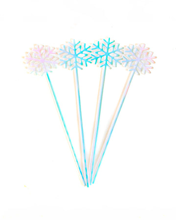 set of 4 iridescent drink stirrers with snowflake on top