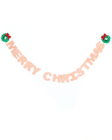 peach felt 'merry christmas' garland with wreath decor on the ends