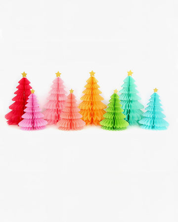 set of 8 colorful honeycomb trees with gold glitter star tops