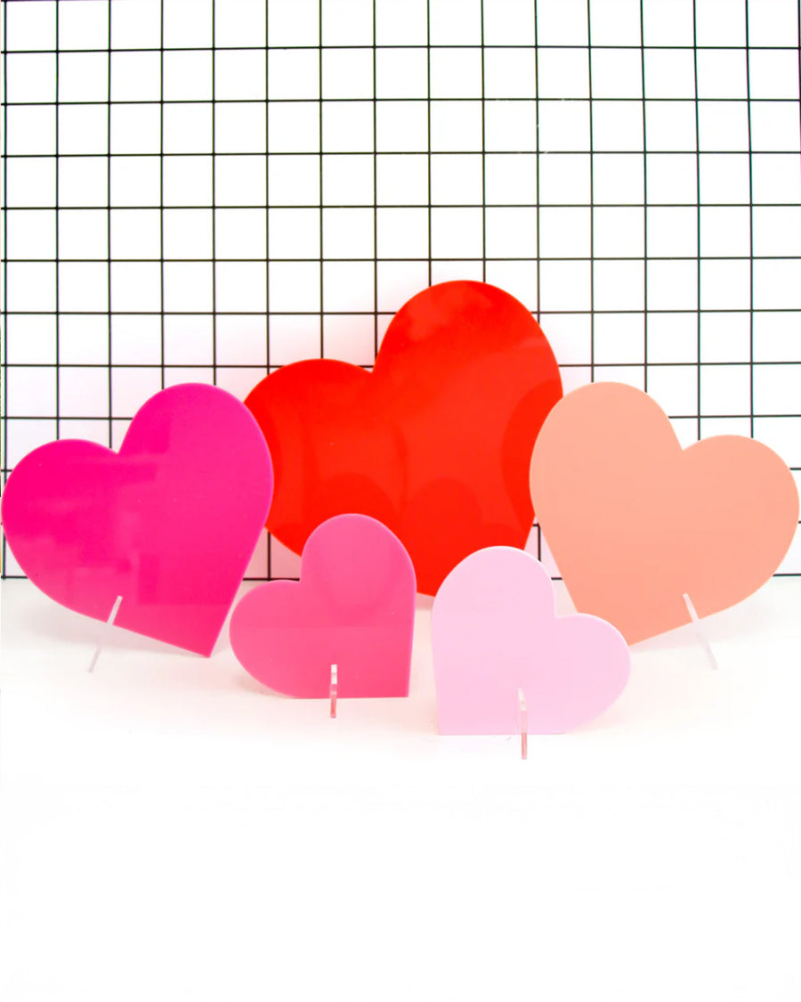 set of 5 acrylic hearts decor: red, hot pink, medium pink, light pink and coral