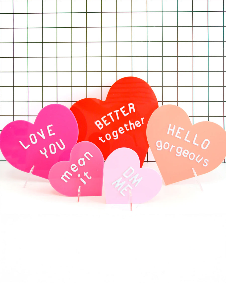 set of 5 acrylic hearts decor with sticker sayings on them