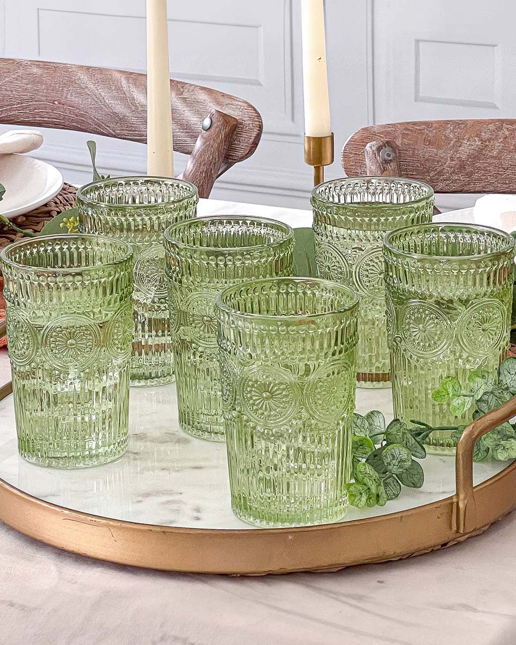 Sage Green Vintage Textured Drinking Glasses - Set of 6