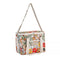 picnic bag with colorful floral print, cream straps and zipper front pocket