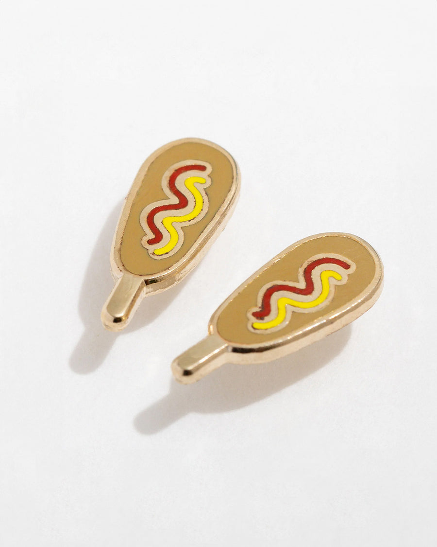 pair of corn dog with ketchup and mustard enamel earrings