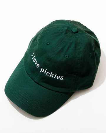 dark green baseball hat with white embroidered 'i love pickles' across the front