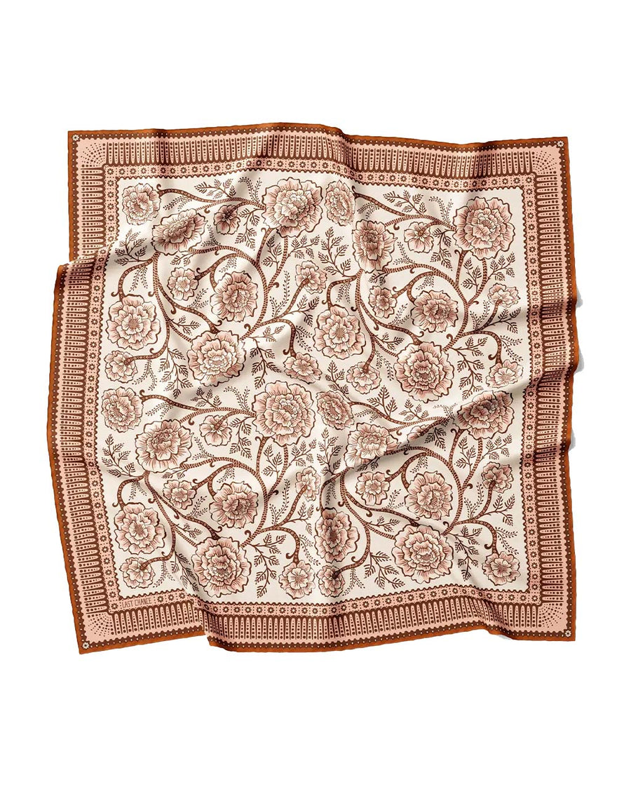 tan floral print silk bandana with abstract border and cream ground