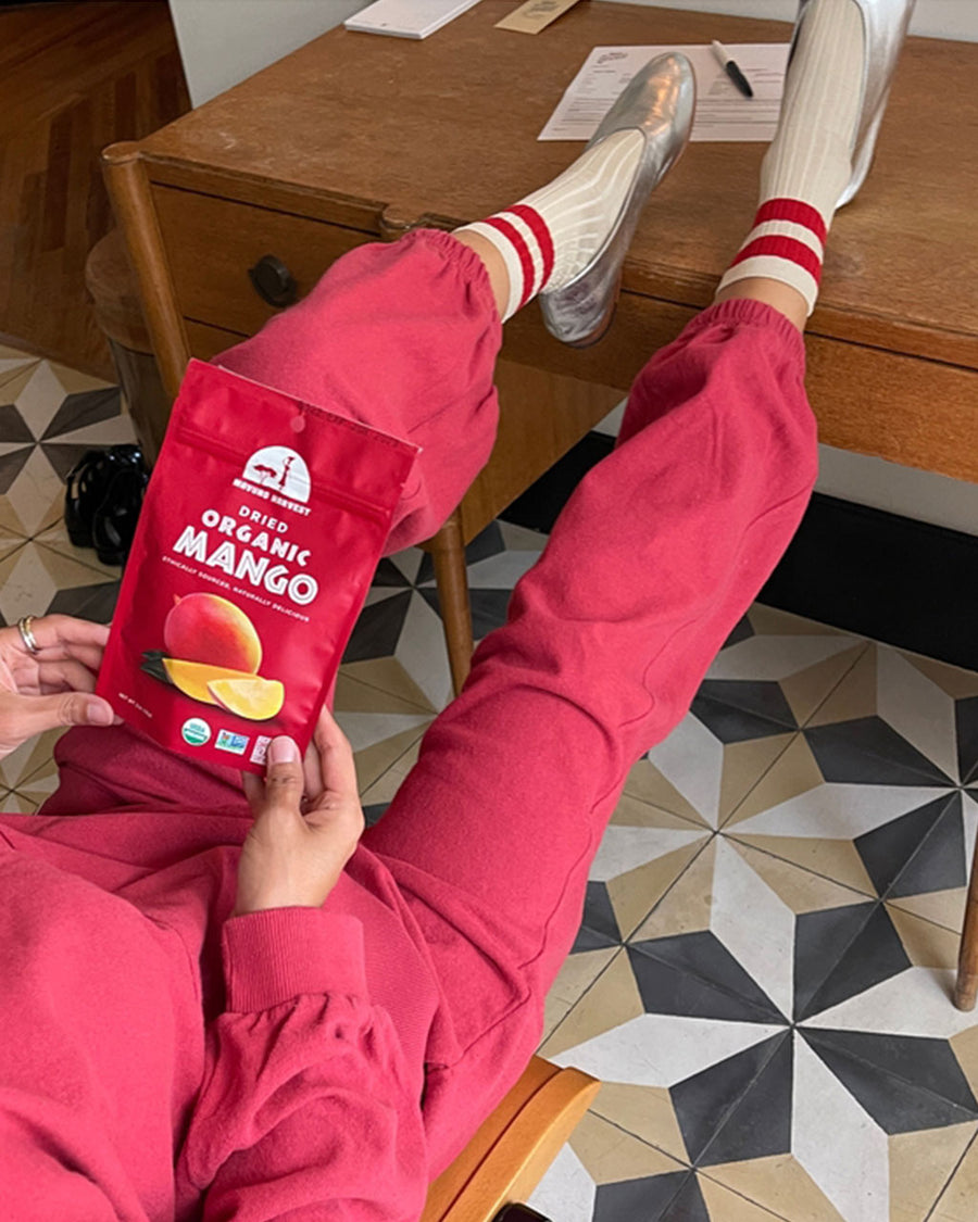 model wearing crayon red cotton balloon pants