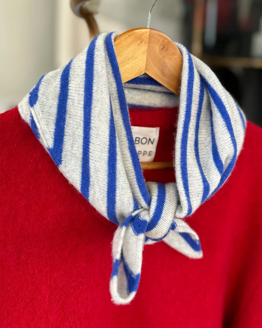 heather grey and royal blue striped cashmere bandana on a hanger