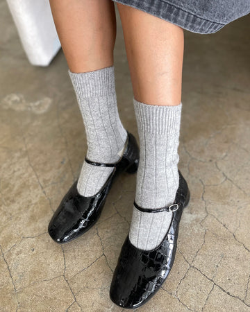 model wearing grey classic cashmere socks