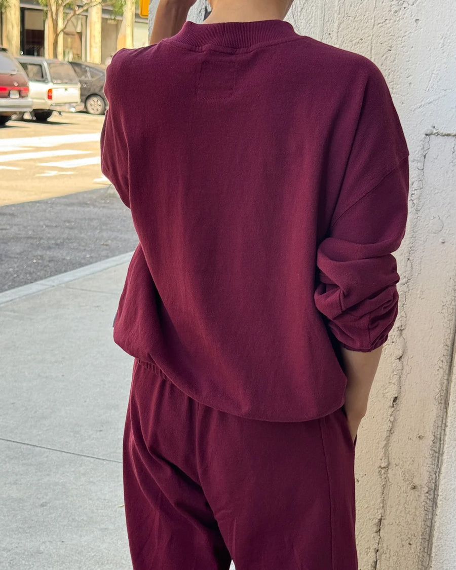 back view of model wearing cabernet colored long sleeve mock neck top with elastic hem