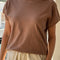 model wearing chocolate cotton t-shirt with banded sleeves