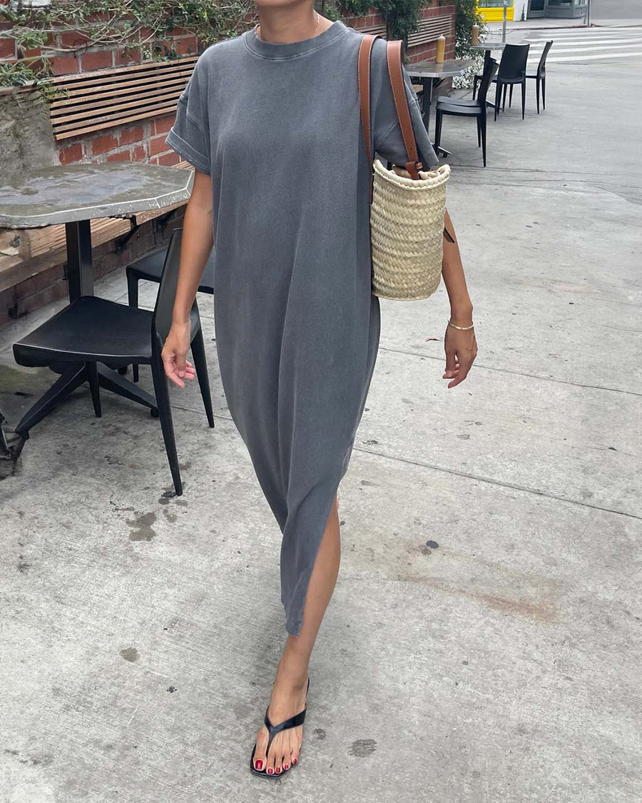 model wearing smokey grey short sleeve cotton maxi dress with side slits