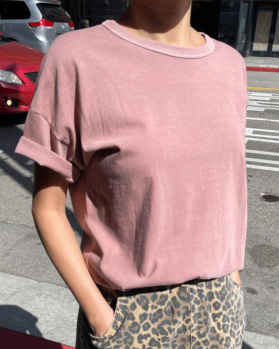 model wearing mauve relaxed fit cotton tee