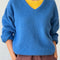 model wearing v-neck mohair sweater in royal blue 