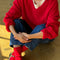 model wearing red v-neck mohair sweater