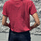 back view of model wearing crayon red organic cotton tee with a vintage look and slight distressing on the neckline and arm holes