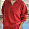 model wearing red quarter zip french terry pullover sweatshirt and matching bottoms