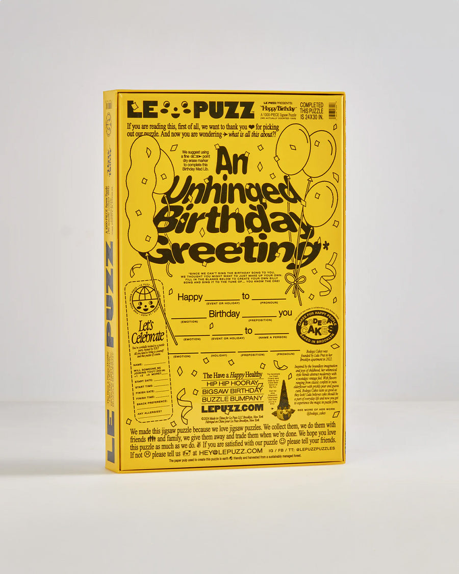 back of boxed le puzz 1000 piece puzzle with birthday party theme with games