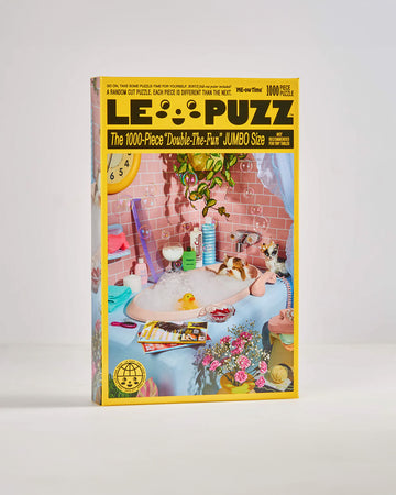 le puzz 1000 piece puzzle with cat in the bathtub surrounded by cute props