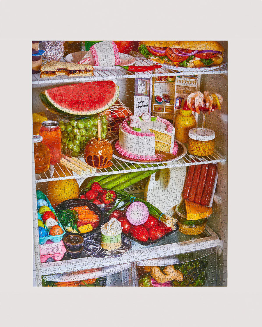 completed le puzz 1000 piece puzzle with a fridge filled with very delicious food and snacks