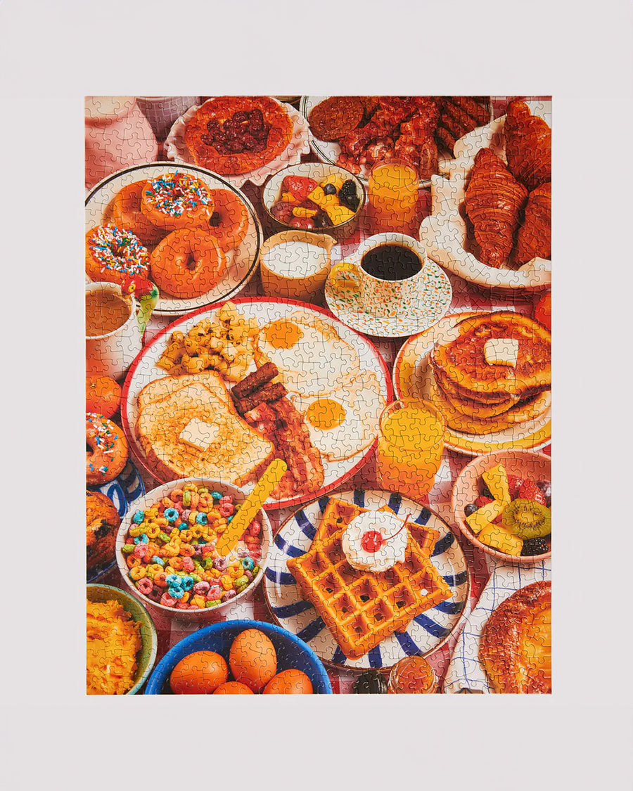 completed le puzz 1000 piece puzzle with various breakfast foods displayed