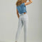 backview of model wearing light high rise denim  with straight leg