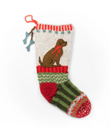 colorful knit stocking with dog and bone tassel detail