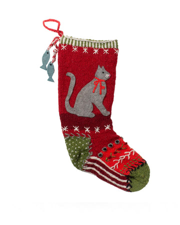 colorful knit stocking with cat and fish tassel detail