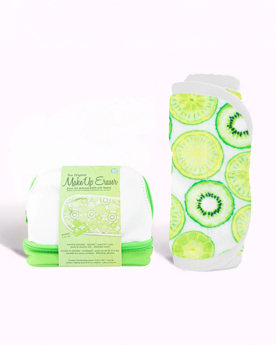 white makeup eraser with all over kiwi print, lime green hair claw and a white and lime green zip pouch