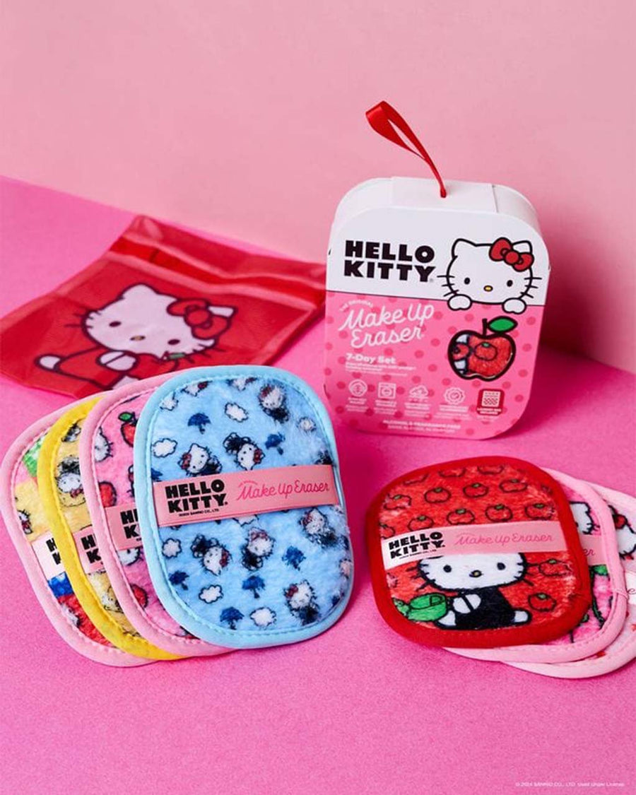 set of 7 various hello kitty reusable makeup wipes with laundry bag